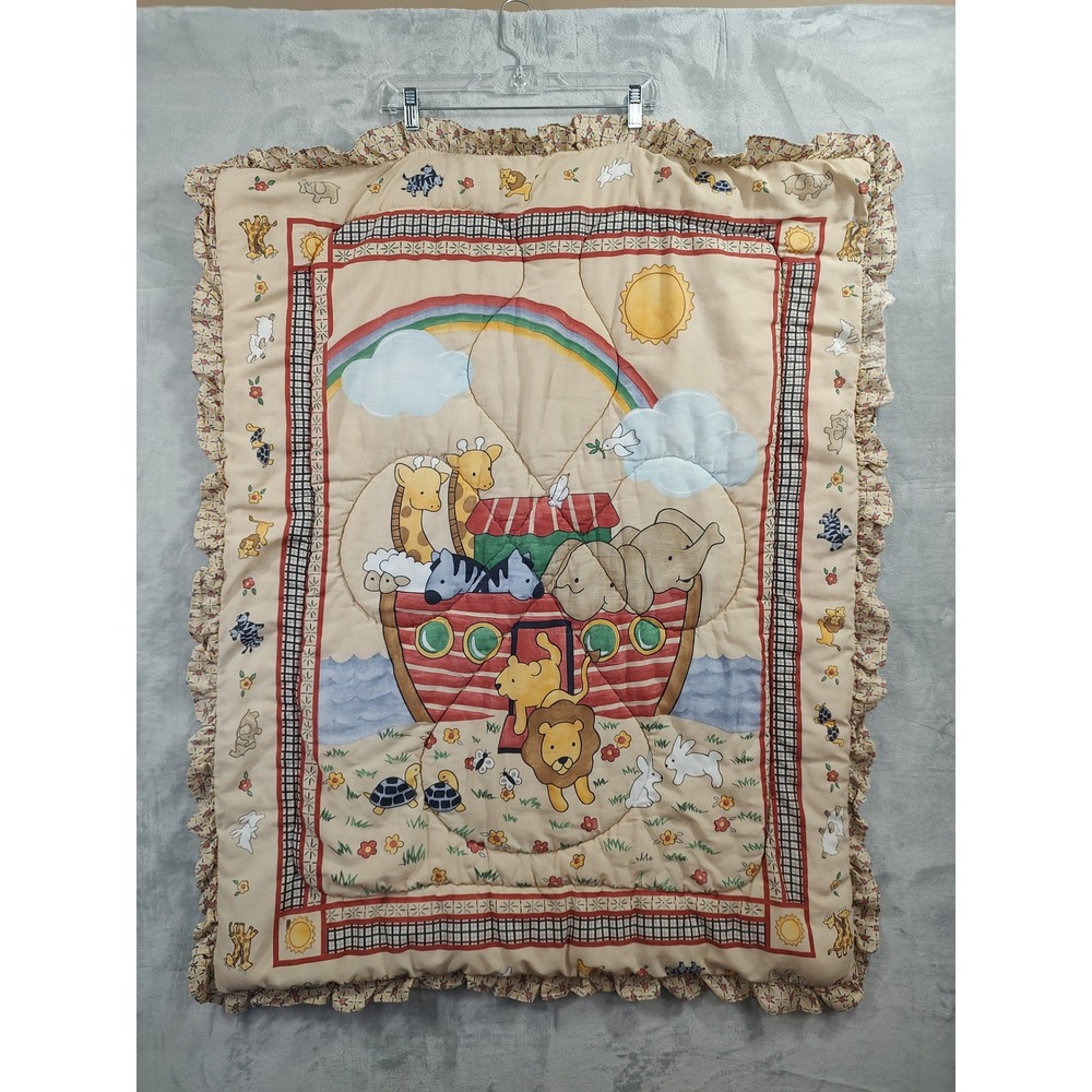 Vintage Noahs Ark Baby Quilt Ruffle Edge Animal Rainbow Nursery Comforter 32x42